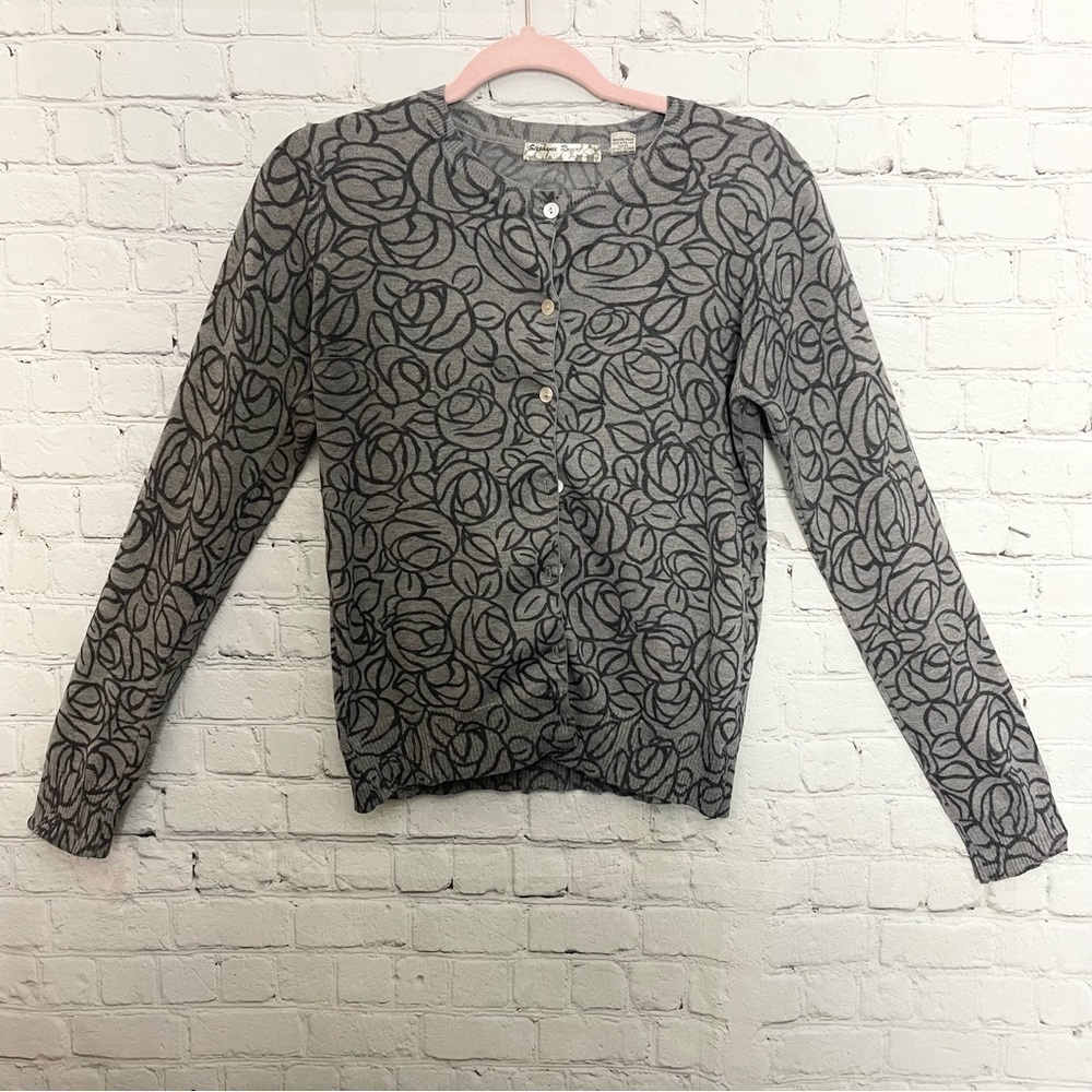 Gray and Black Floral Button Up Sweater Size Medium